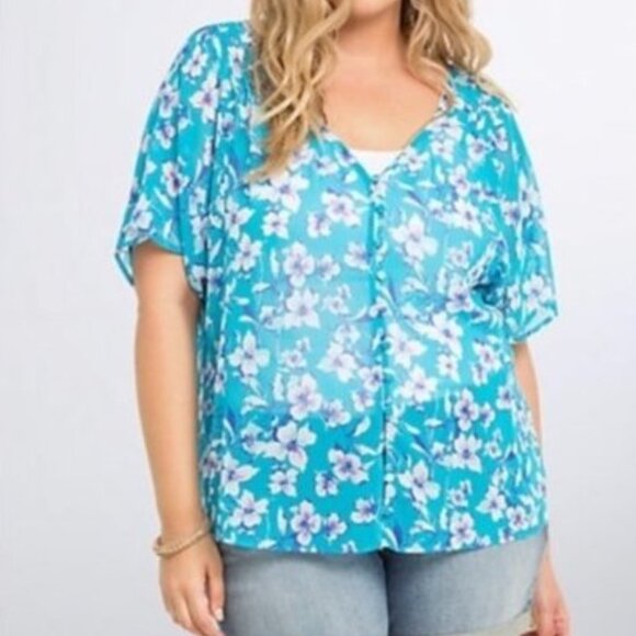 torrid Tops - Torrid Sheer Blue Floral Short Sleeve Blouse, Size 4X, High-Low Hem, V-N…